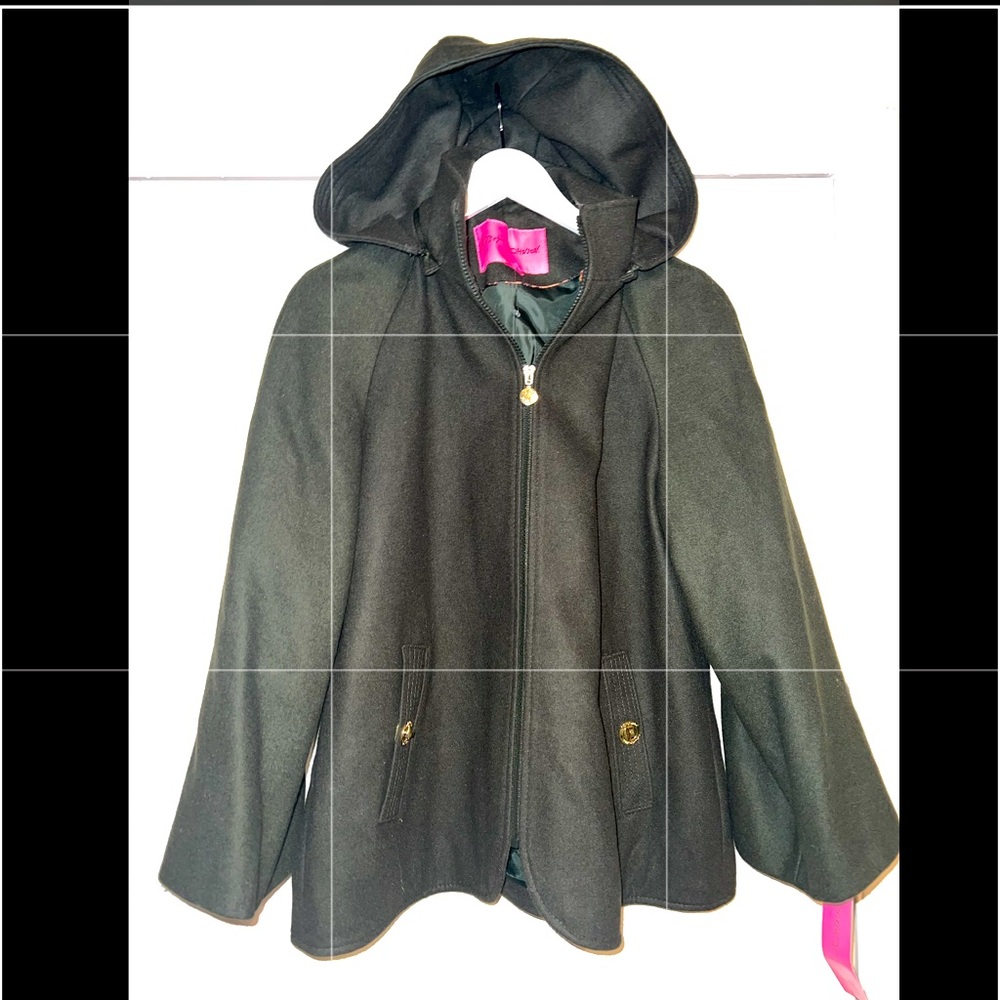 Betsey Johnson Women’s L Wool Cape Coat Hood Layer Fall Flowy Zip High Neck Gold
